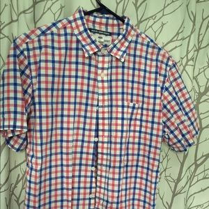 Red, white, and blue checkered button down